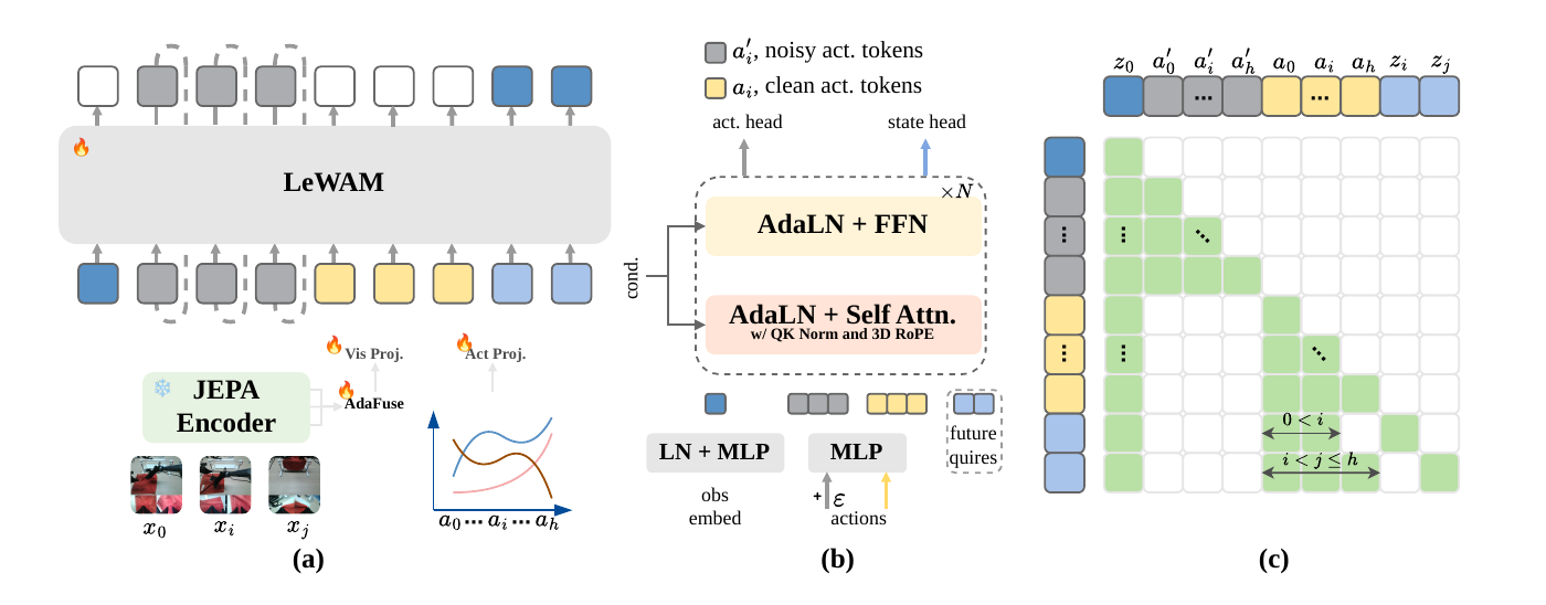 LeWAM architecture with latent future prediction and action generation